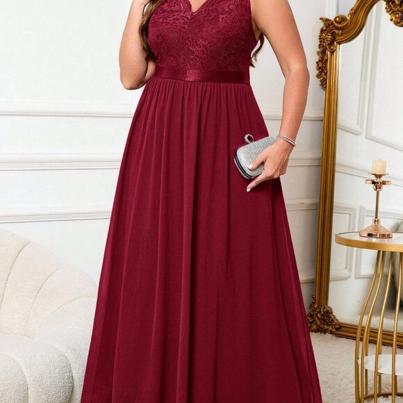 Burgundy Elegant Women's Plus Size Sleeveless Waist Cinched Party Dress - Picture 4 of 7
